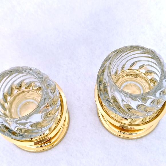 Partylite Swirl Votive Tea Light Glass Candle Holder Brass Pedestal Pair Set of2 - Picture 3 of 7